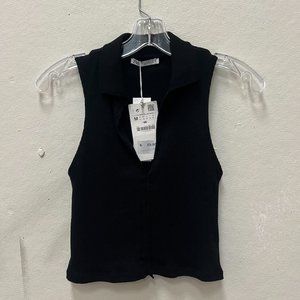NWT - Zara Black Cropped Collared Ribbed Tank Top - Size Medium